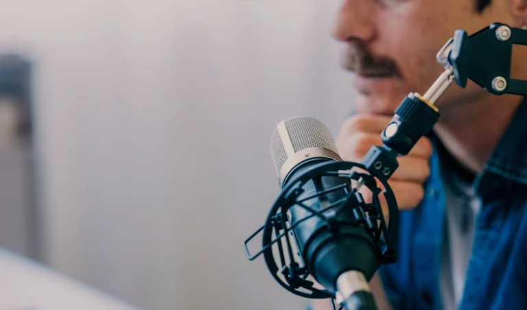 view of a microphone and a face of a man