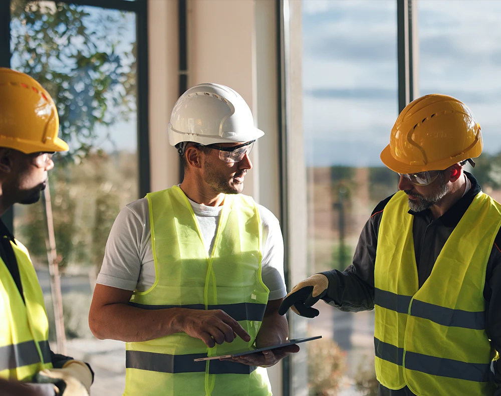 three engineers discussing construction plans on site